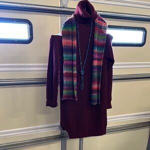 Burgundy Knit Dress with Multicolor Scarf